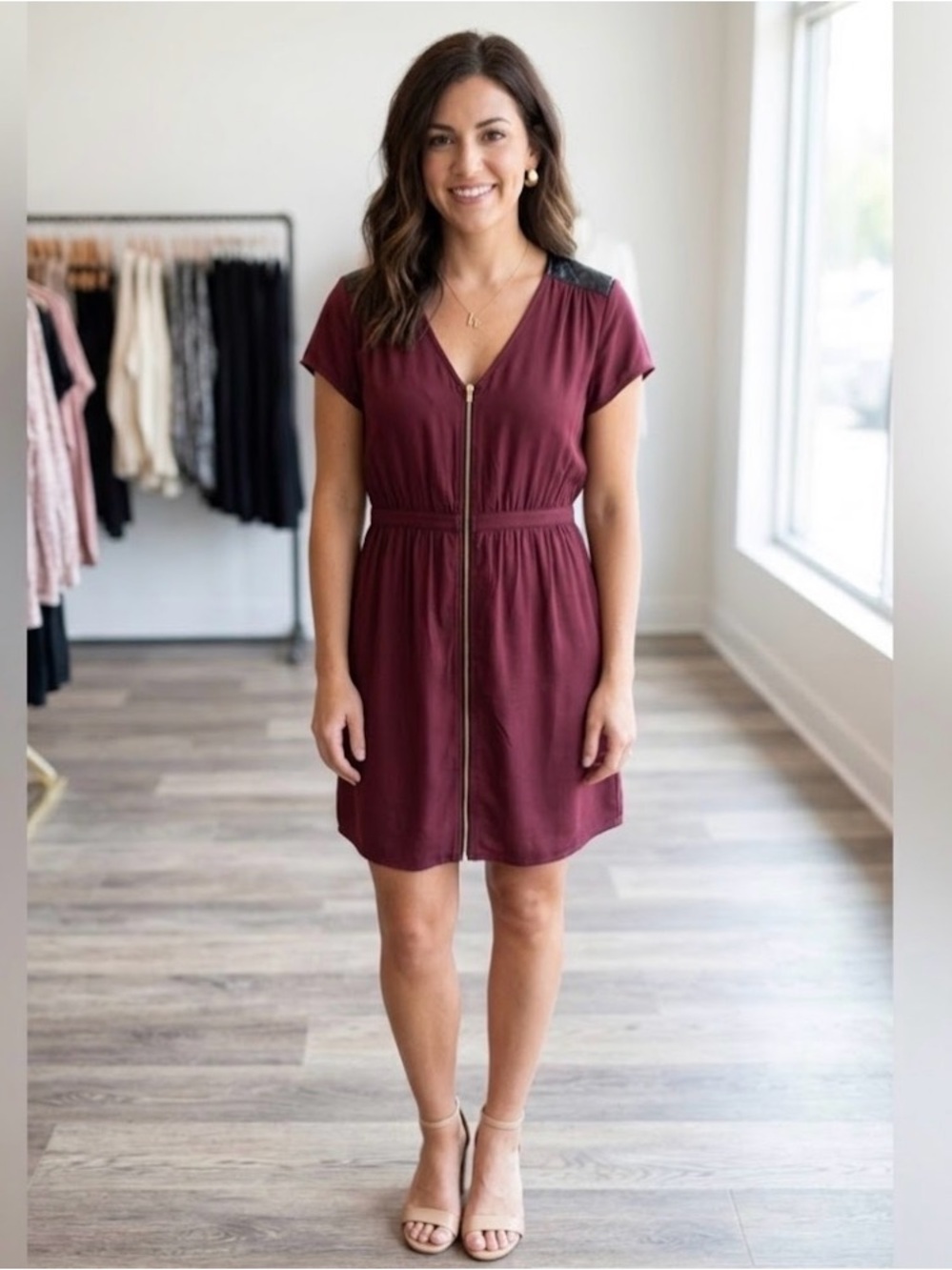 Twik Burgundy V-Neck Zip-Front Dress Faux Leather Shoulders